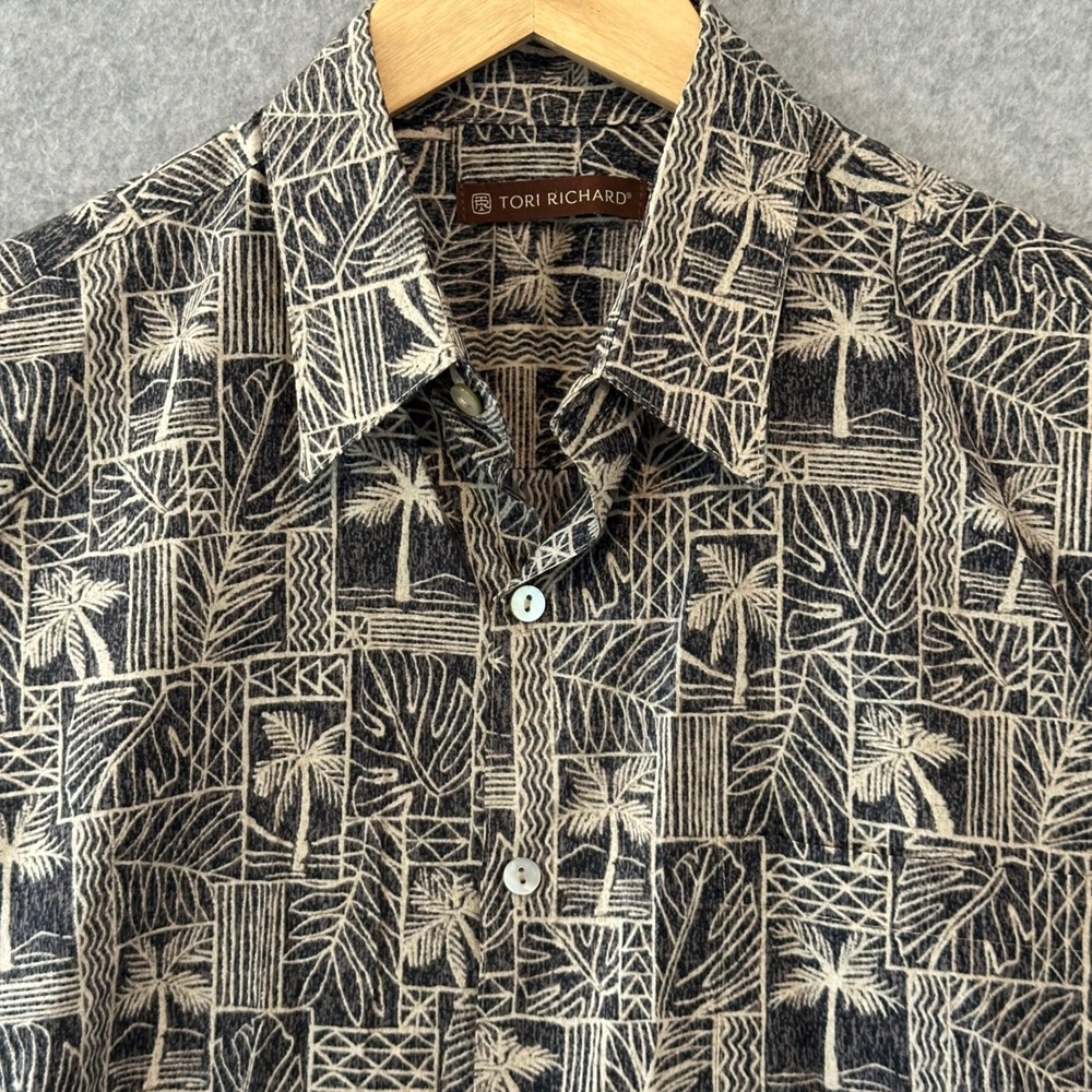 Tori Richard Mens S Black Tan Palm Leaf Cotton Lawn Aloha Shirt Made‎ in Hawaii